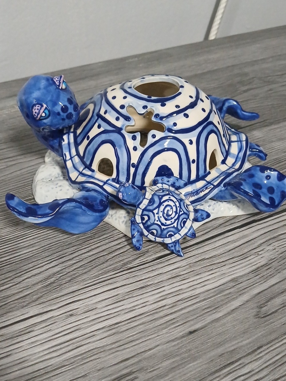 Hand-Painted Blue Ceramic Turtle Tealight Holder by